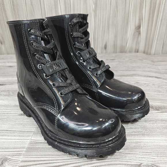 Dkny | Shoes | Dkny Glossy Tilly Laceup Rain Booties With  DKNY Glossy Tilly Lace-Up Rain Booties With Logo-Black/Black-Women\'s Size 8 NEW